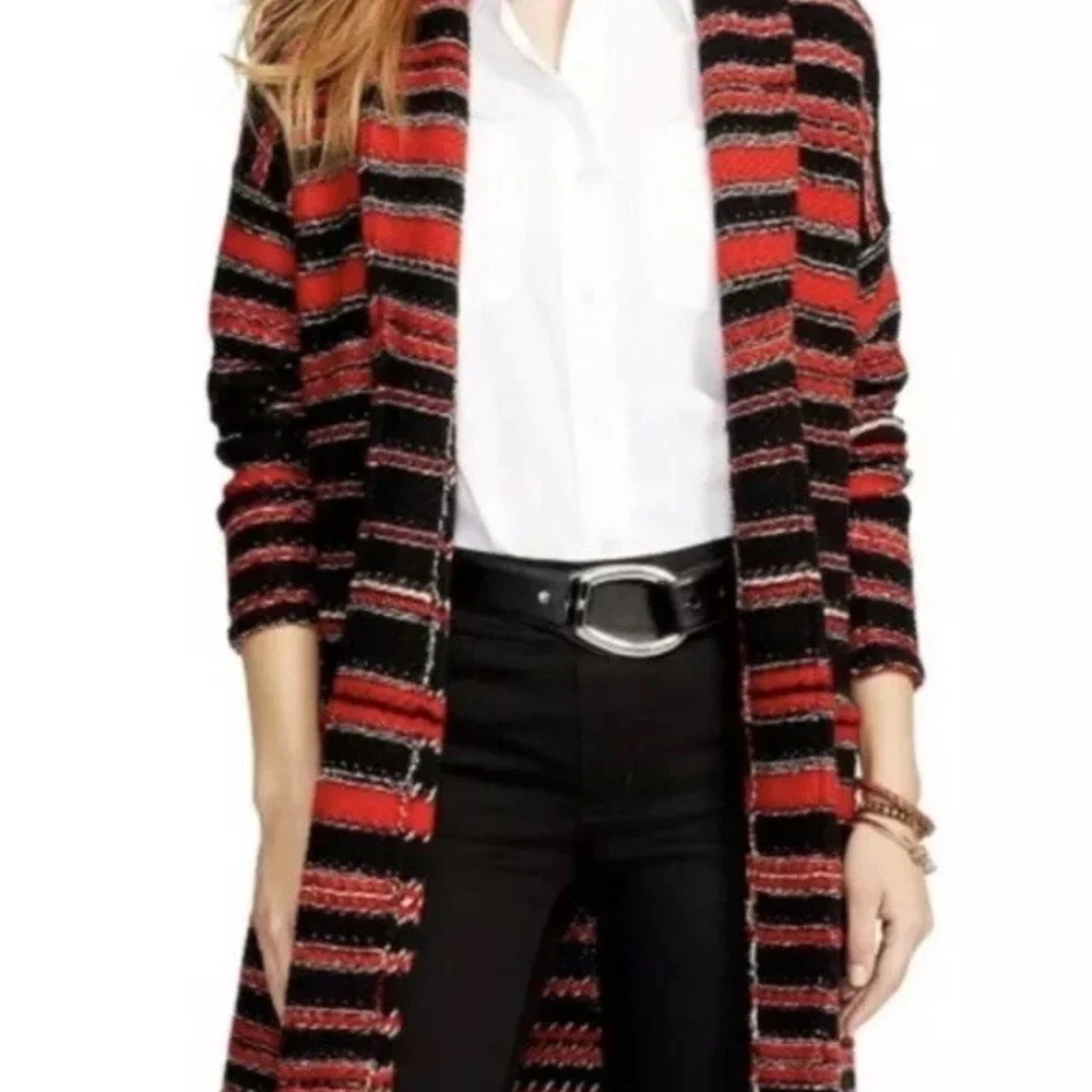 Ralph Lauren‎ Red Black Tribal Long Belt Wool Cardigan Sweater Euc Medium
